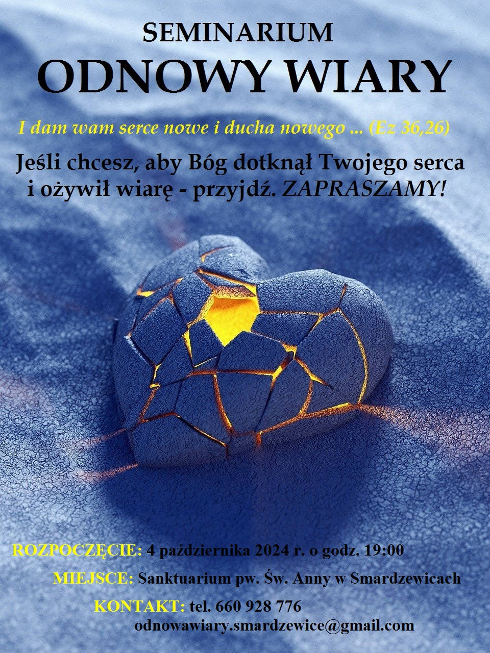 Plakat z ogłoszeniem Seminarium odnowy wiary. Początek 4 października godzina 19