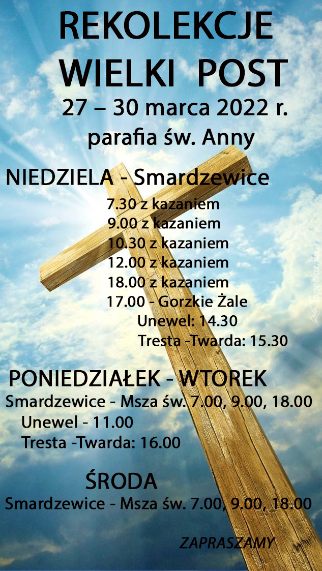 plakat z harmonogramem rekolekcji - w tle krzyż błękitne niebo oraz chmury
